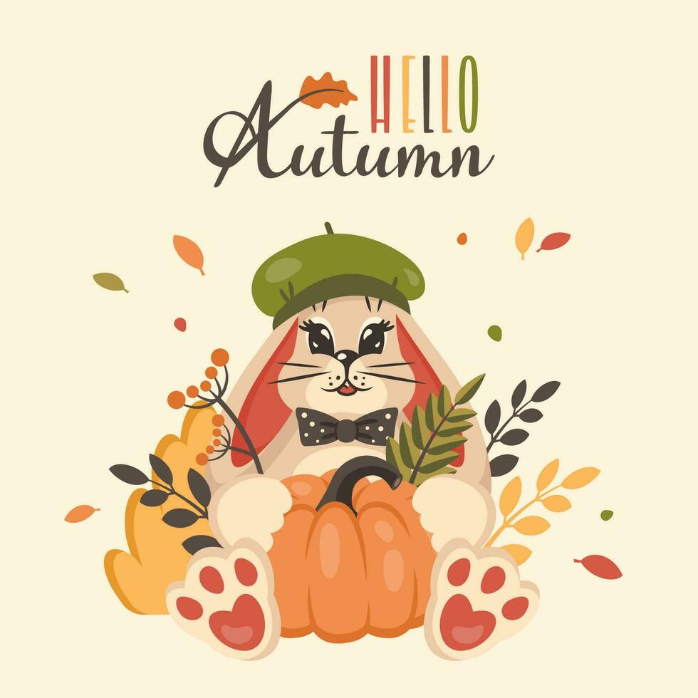 Cute bunny with pumpkin and autumn leaves. Hand drawn cartoon rabbit in season hat holding ripe orange pumpkin. Clipart. Fall greeting card with lettering. Nature background. Vector flat illustration