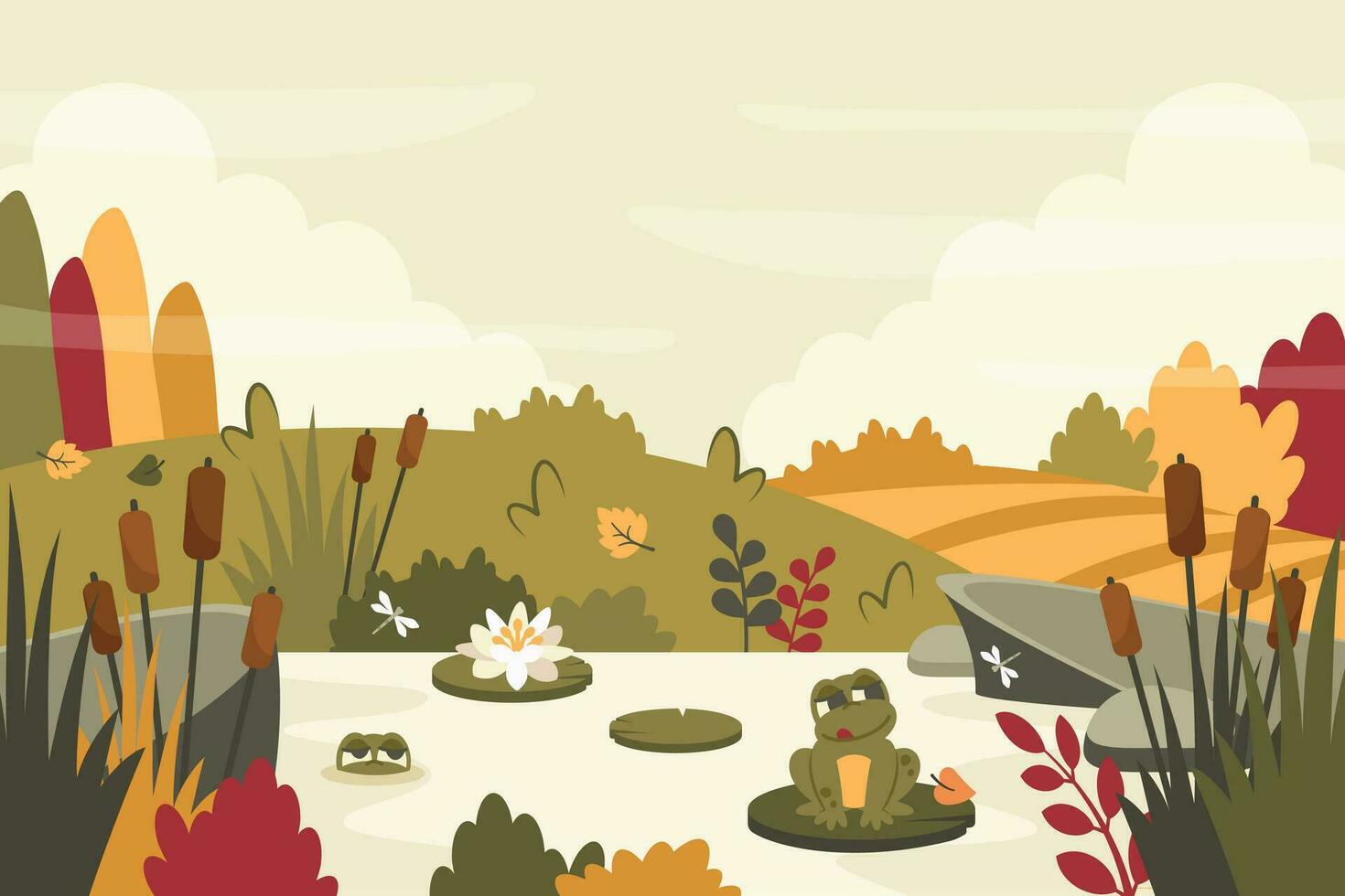 Autumn background. Fall landscape with field, yellow meadow, river, frog, reed, stone, water lilies in a pond. Nature template. Vector cartoon illustration for banner, poster, cover, greeting card