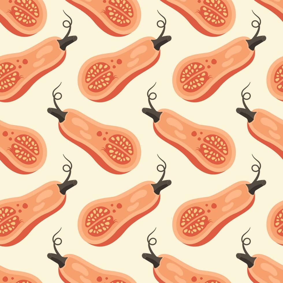 Pumpkin seamless pattern. Autumn background with half of pumpkin, pulp, seeds. Thanksgiving day. Seasonal harvest. Vector illustration for wallpapers, textile, wrapping paper, print