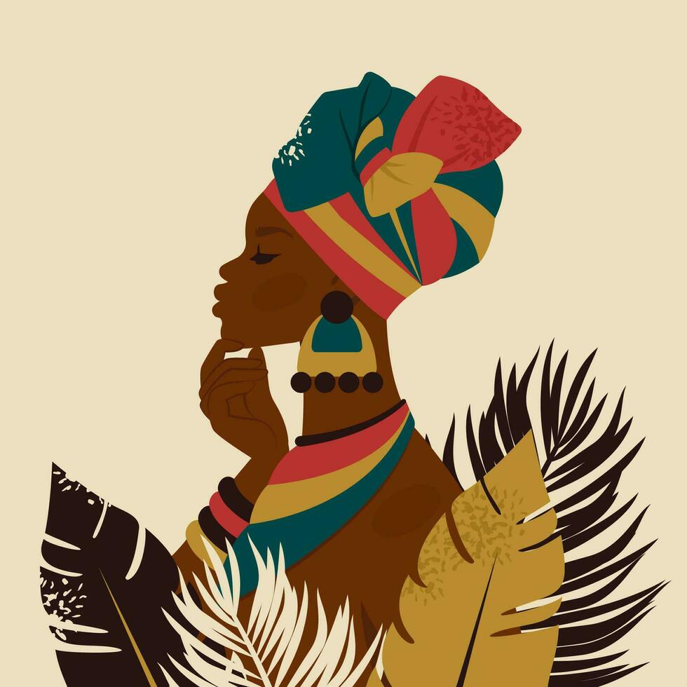 Thoughtful beautiful African woman. Pensive face of black woman in profile. Female ethnicity character in national dress, turban. Portrait of girl for avatar, card, fashion. Vector flat Illustration
