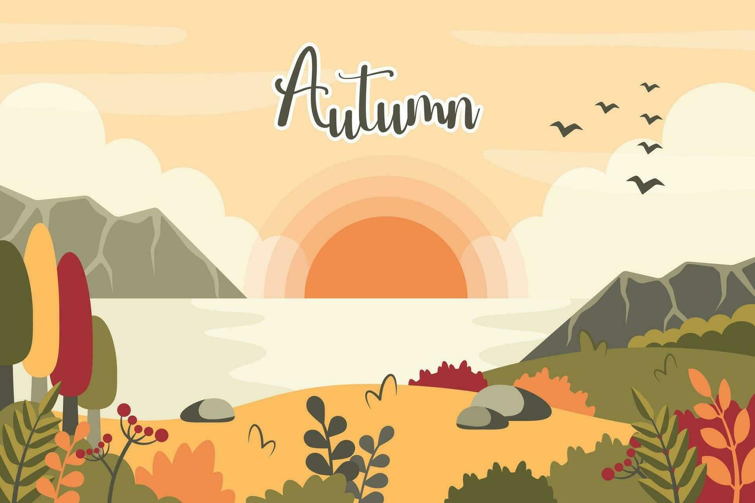 Fall landscape with calligraphic text. Autumn background with meadow, grass, river, sunset, mountains, stone, berries. Nature template. Vector cartoon illustration for banner, poster, greeting card