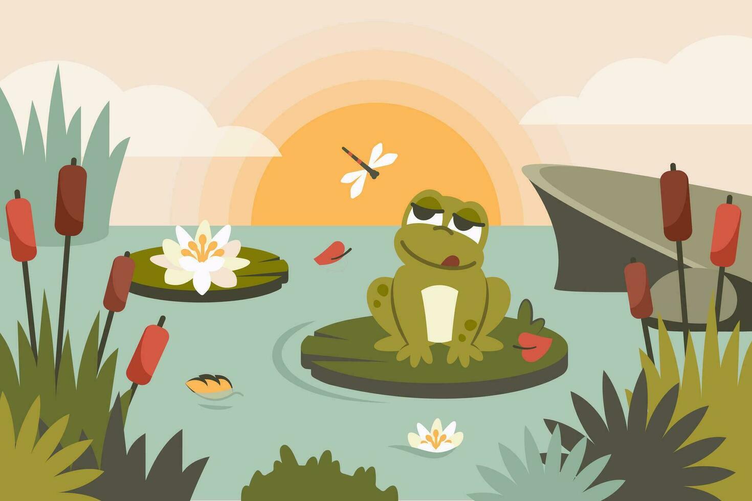 naturaleza antecedentes con ranas, follaje, Junco, rocas, loto, volador insectos, fauna silvestre. linda sapos sentado en hoja en estanque. dibujos animados personaje rostro. clipart. naturaleza antecedentes. vector plano ilustración