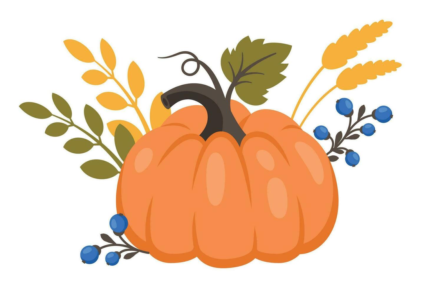 Autumn harwest. Ripe Whole pumpkin with fall leaves, wheat, berries. Nature vegetables, healthy and farm food. Vector illustration for fall design, good nutrition, agricultural harvest, Thanksgiving