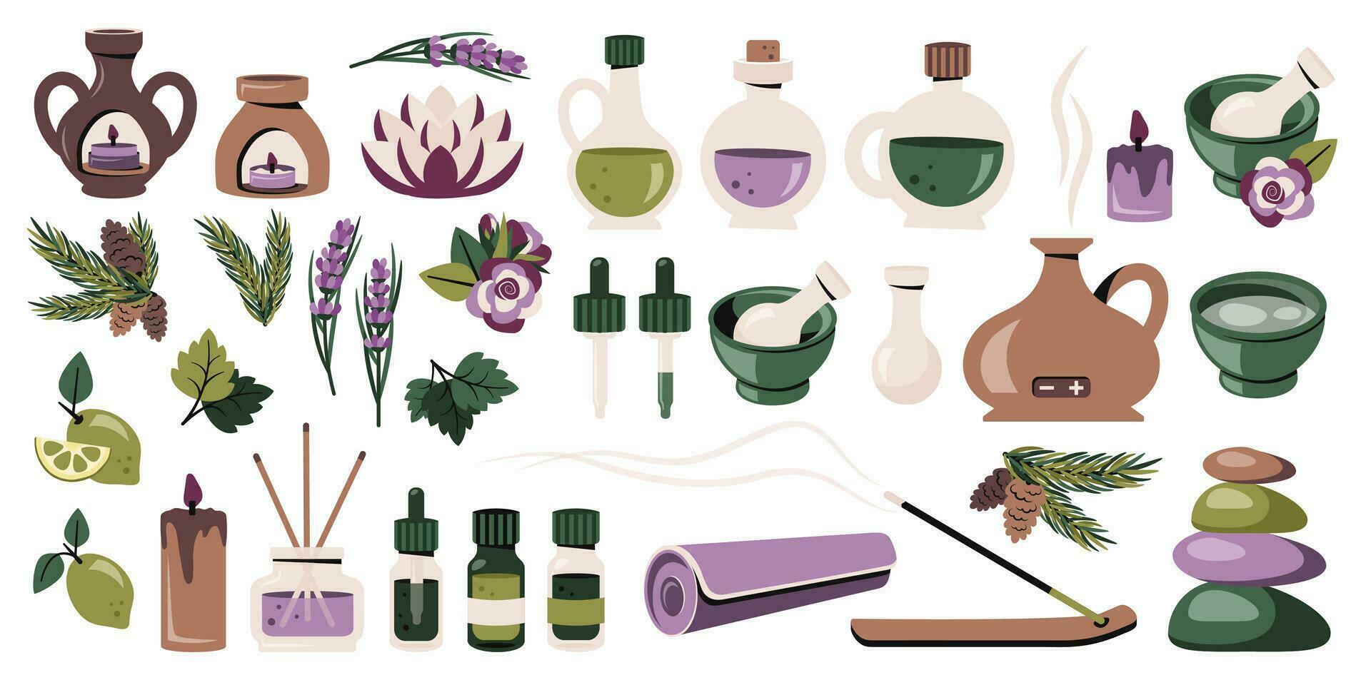 Aromatherapy set. Bottles with essential oils, aromatherapy diffuser, lamp, citrus, pine oils, lavender, lotus flower, incense sticks. SPA, body care, nature, beauty concept.  Vector illustration