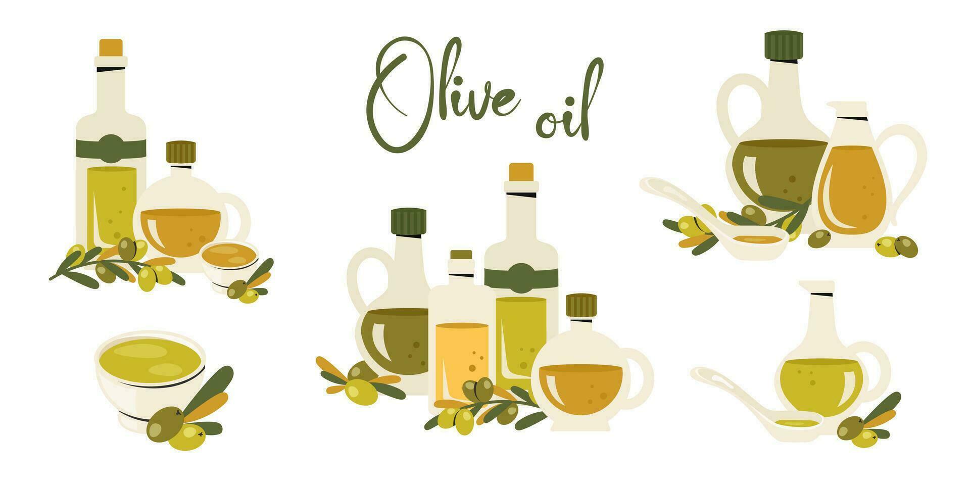 Set of glass olive oil bottles. Pitcher and corked bottle of extra virgin olive oil, branch of olive trees, leaves. Kitchenware, cooking concept. Healthy organic food. Vector flat illustration
