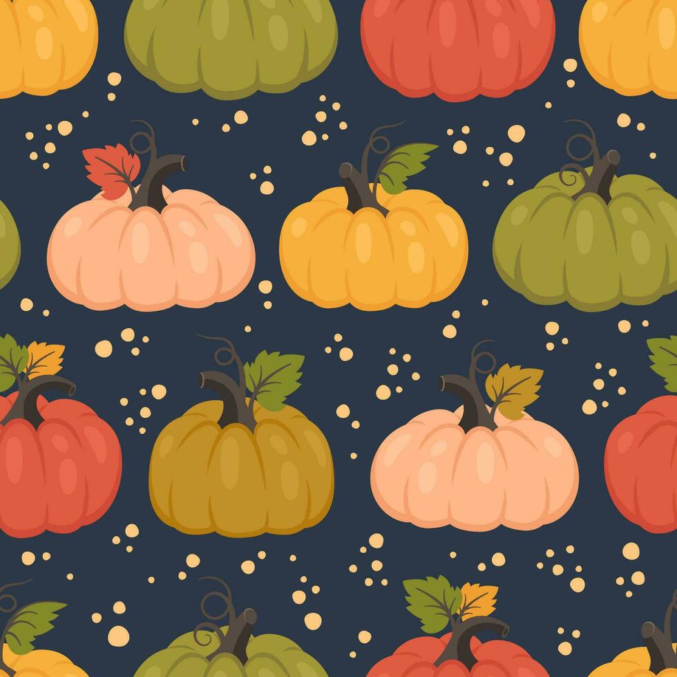 Pumpkin seamless pattern. Autumn background with different color ripe pumpkin, leaves, bubbles. Thanksgiving day. Seasonal harvest. Vector illustration for wallpapers, textile, wrapping paper