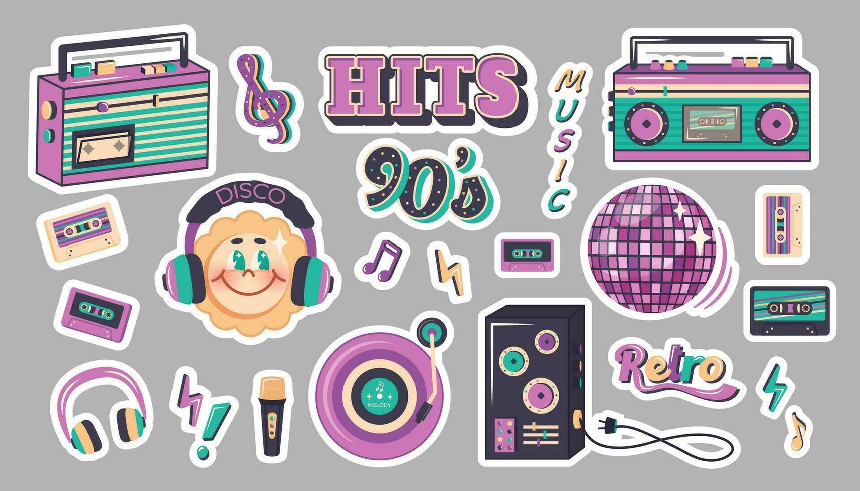 Set of trendy stickers in retro style of 90s, 80s, 70s. Hand drawn music label templates, cartoon character sun, text. Vector illustration for nostalgia party, advertising, poster