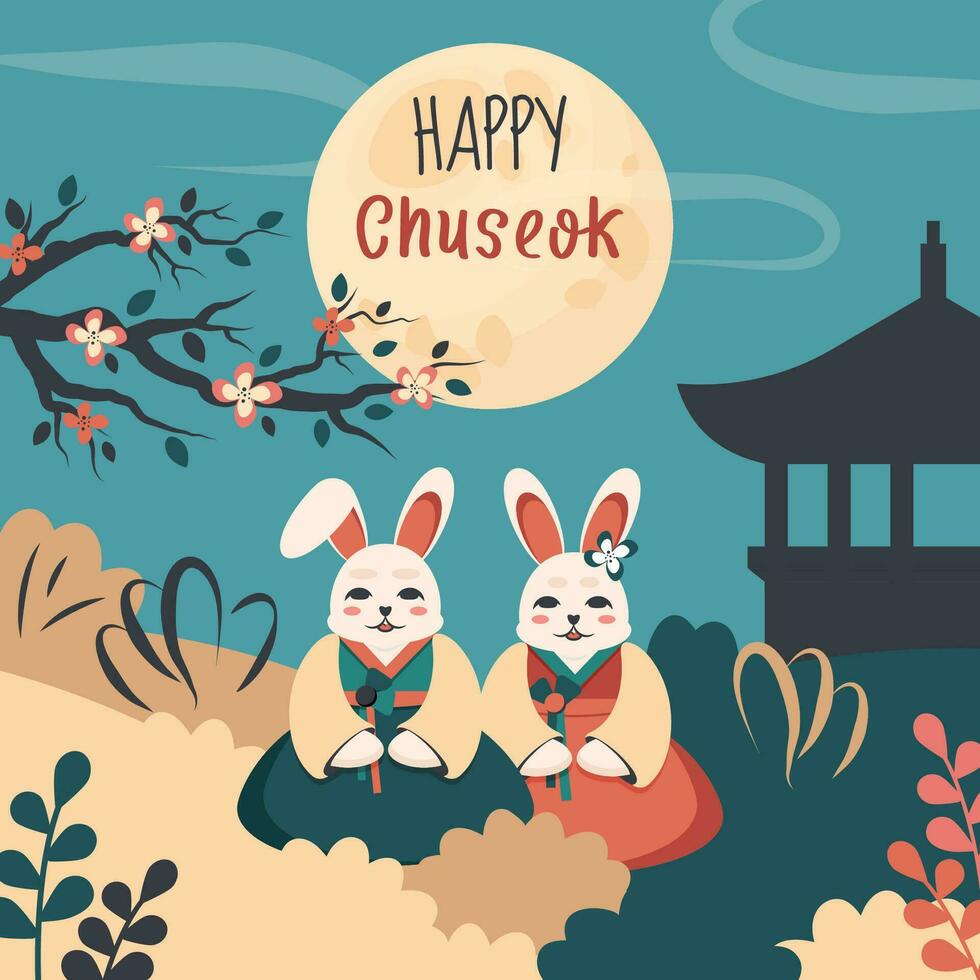 contento Chuseok. chino mediados de otoño festival. coreano vistoso saludo tarjeta para celebraciones en Asia. linda conejito, luna, árbol, estrellas, texto modelo. vector dibujos animados ilustración