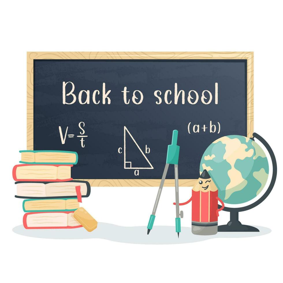 Back to school background with school supplies and cute smiling pencil. School banner. Books, textbooks, chalkboard, globe, stationery. Education, knowledge concept. Vector cartoon illustration