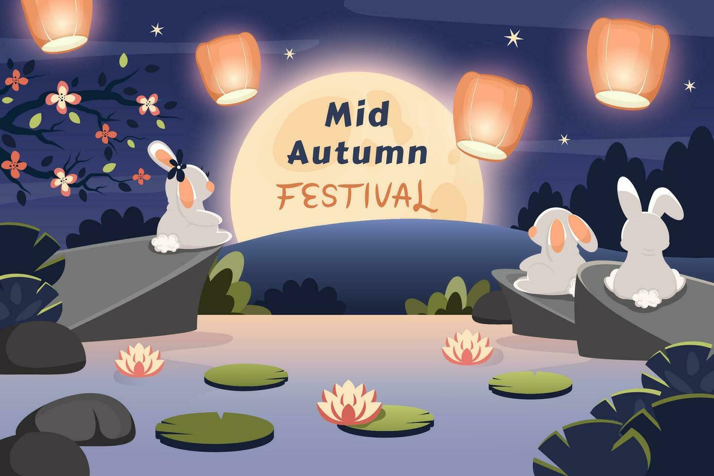 Happy Mid Autumn Festival. Cute rabbits looking at moon and Chinese lanterns. Greeting card with text for mooncake festival, Chinese, Korean, Asian traditional holiday. Vector cartoon illustration