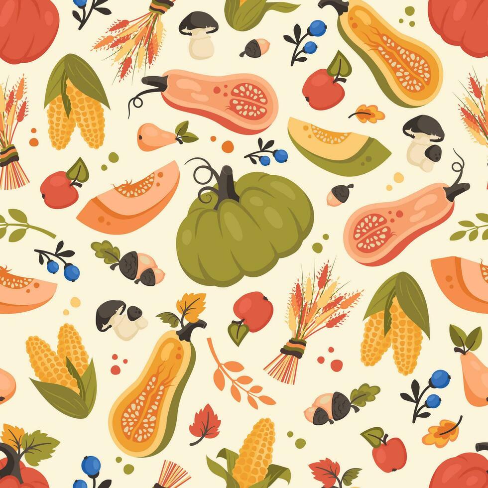 Autumn seamless pattern. Fall background with pumpkin, leaves, wheat, berries, mushroom. Thanksgiving day. Seasonal harvest. Vector illustration for wallpapers, textile, web, notebooks, wrapping paper