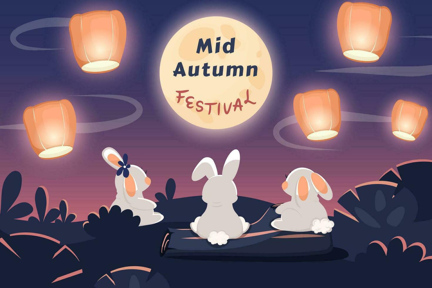 Happy Mid-Autumn Festival. Cute rabbits looking at moon and Chinese lanterns. Greeting card with text for mooncake festival, Chinese, Korean, Asian  traditional holiday. Vector cartoon illustration