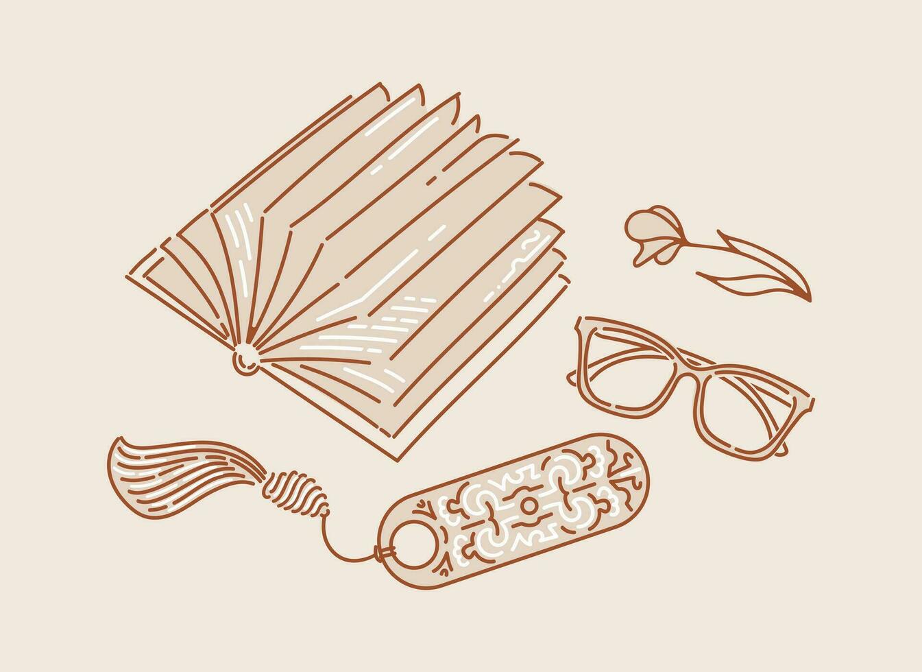 abierto libro, lentes y un flor. marcador con étnico modelo y seda borla. concepto para amantes de lectura. garabatear estilo. para postales, carteles, web diseño, biblioteca. vector