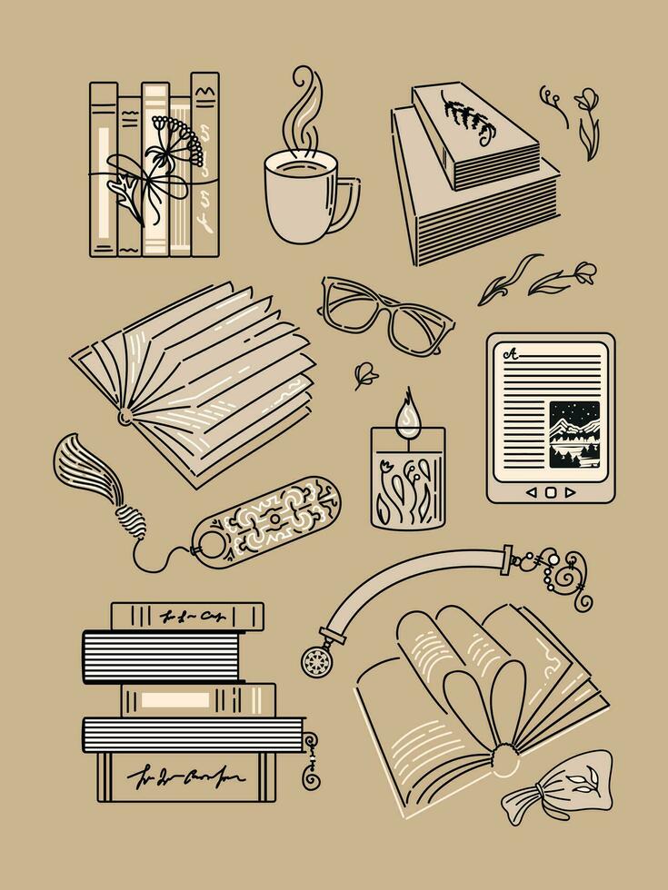 Reading, books in stacks and open. Bookmarks and glasses, candle and cup, e-book. Set of vintage isolated elements. For stickers, posters, postcards, design elements vector