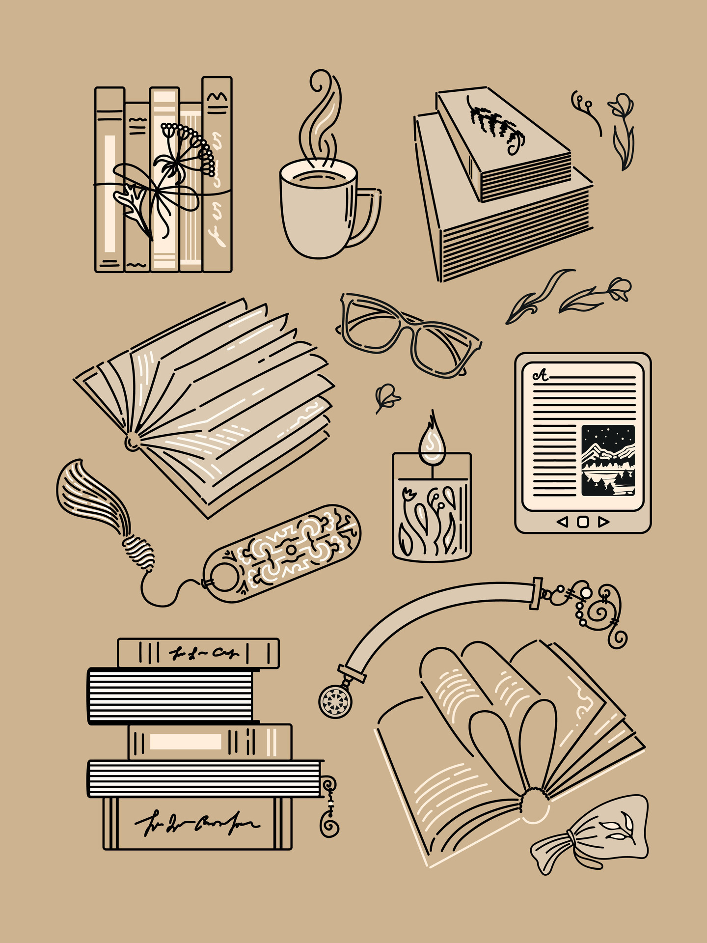 Reading, books in stacks and open. Bookmarks and glasses, candle and cup, e- book. Set of vintage isolated elements. For stickers, posters, postcards,  design elements 26619824 Vector Art at Vecteezy