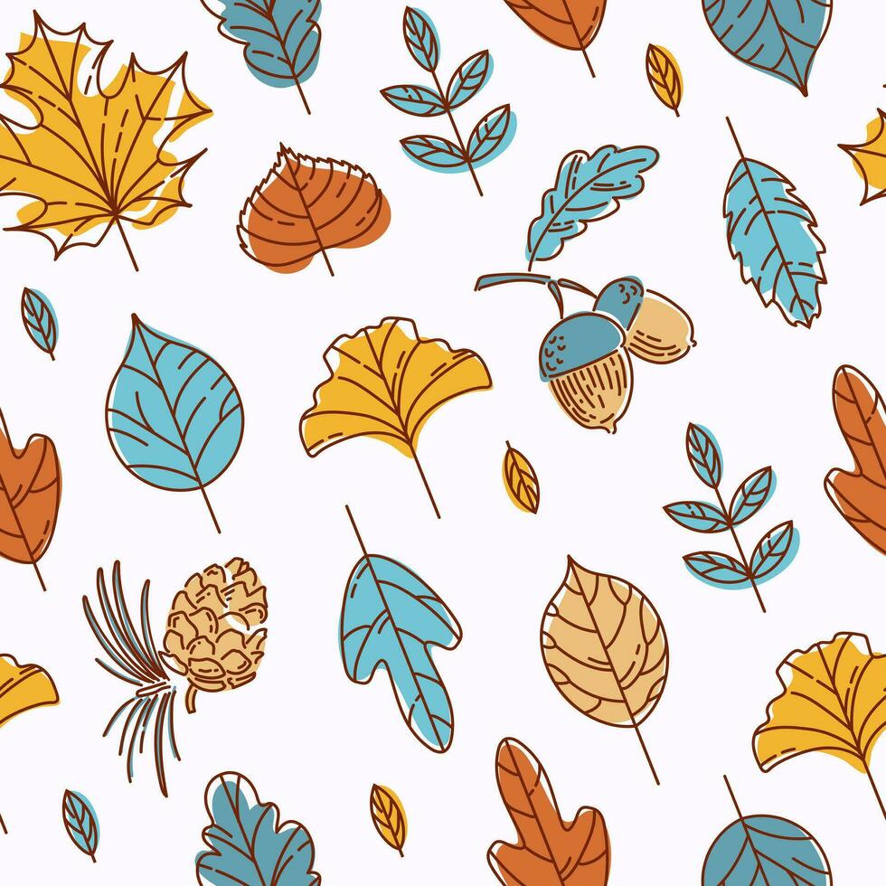 Bright modern autumn pattern. Colorful leaves. Maple, ginkgo biloba, linden, lilac, mountain ash. Acorn and cedar cone. Doodle style. For wallpaper, printing on fabric, packaging, background. vector