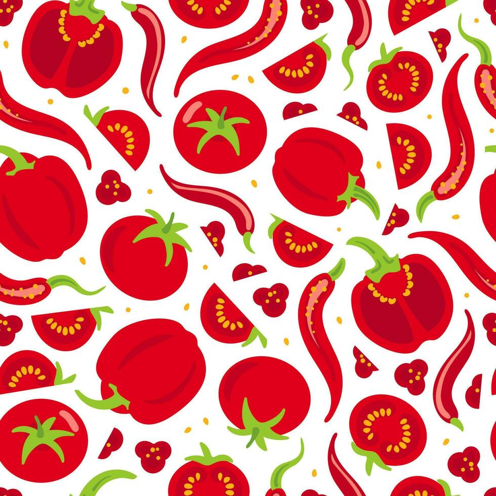 Red vegetables. Tomatoes and paprika, chili peppers. Spicy, sexy pattern. Healthy lifestyle, proper nutrition, harvesting, veganism. Bright seamless pattern. Cafe, menu, tablecloth, wallpaper, fabricd vector