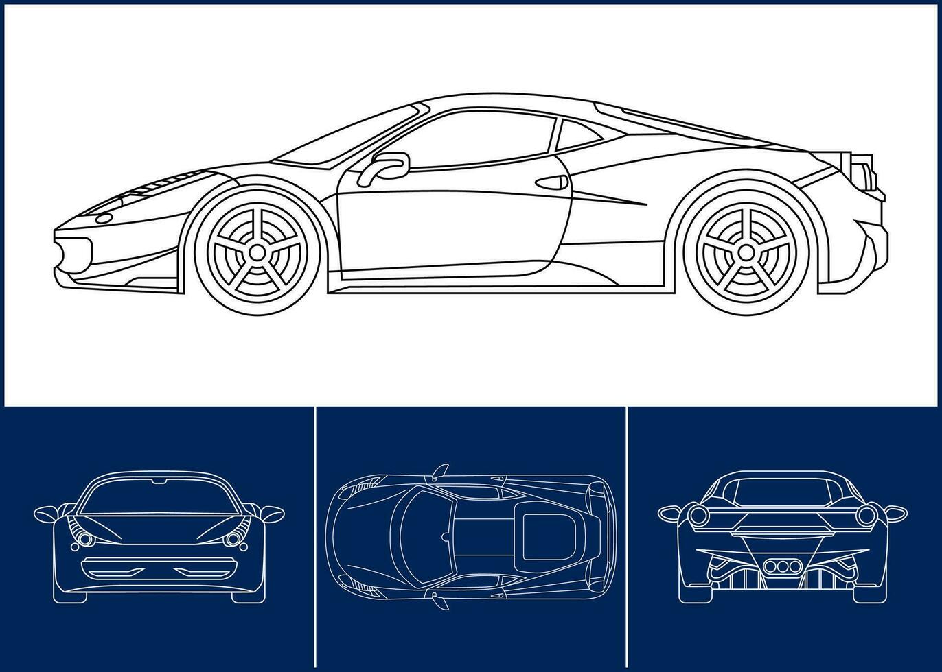 Sport Car template. Transportation outline stroke template. Blueprint layout. Wrap sticker, air brush, vynils, recolor project. Vector eps 10