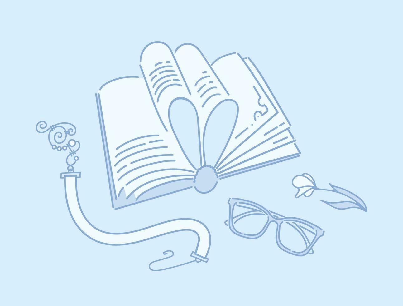 Open book with heart-shaped pages, glasses and a flower. Wire wrap bookmark. Concept for lovers of reading. Doodle style. For postcards, posters, web design, library. vector