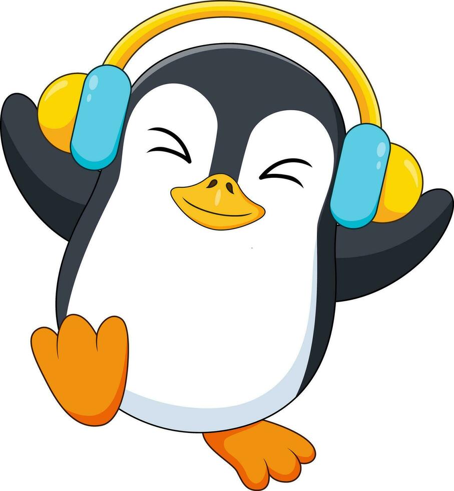 linda pingüino mascota dibujos animados con auriculares en cabeza vector