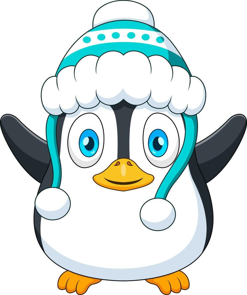 linda pingüino mascota dibujos animados en invierno sombrero vector