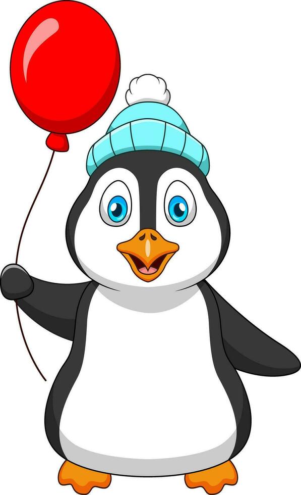 linda dibujos animados pingüino mascota en invierno sombrero participación rojo globo vector