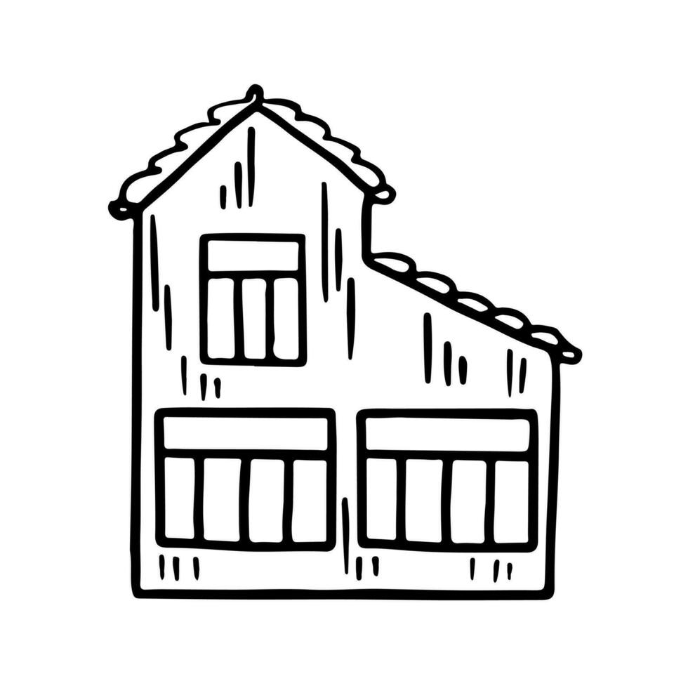 House building in hand drawn doodle style. Vector Icon. Architecture, construction, village, homepage. Coloring book page for kids.