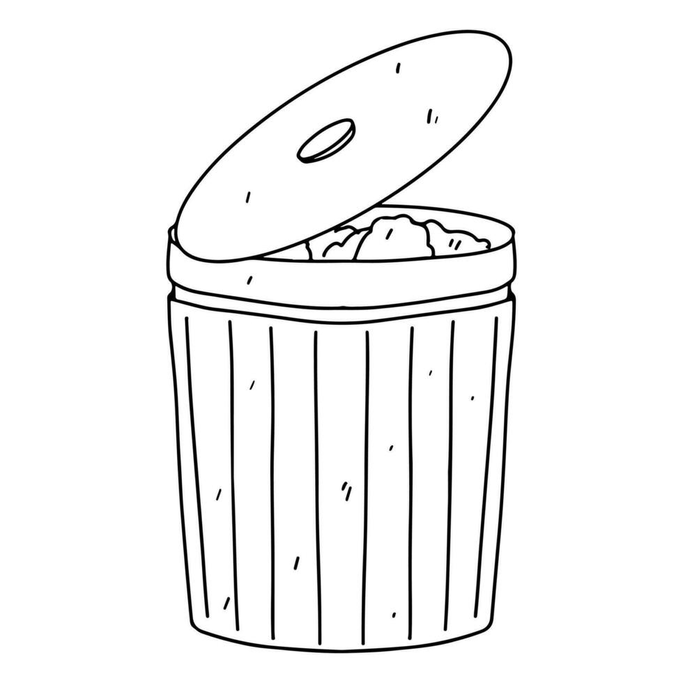 Bin with garbage. Hand drawn doodle style. Vector illustration isolated on white. Coloring page.