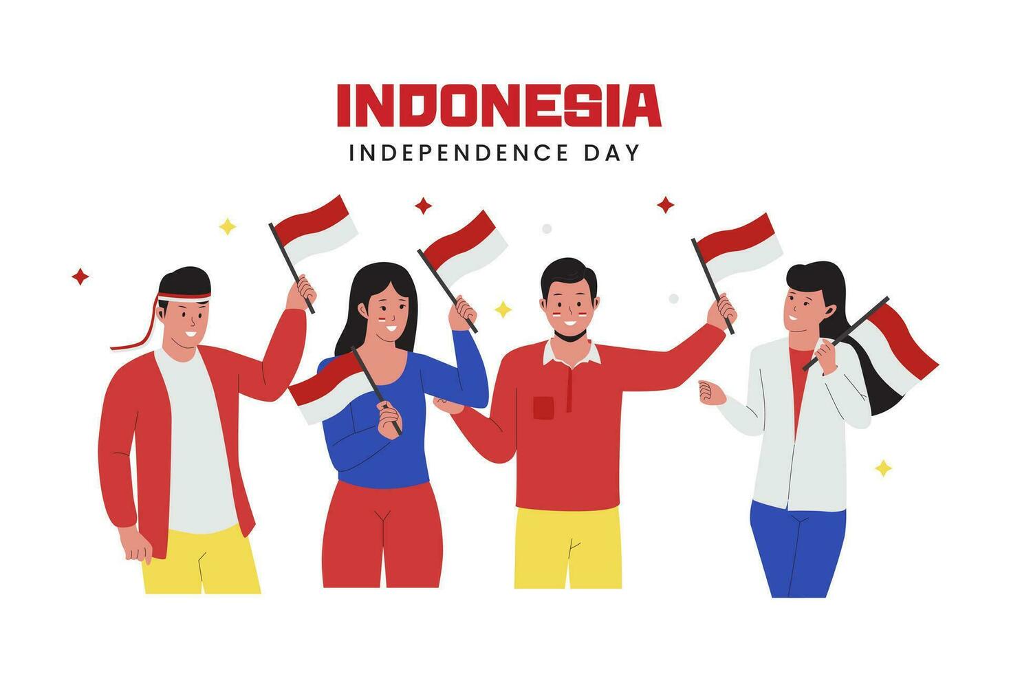 Illustration of peoples holding a flag and celebrate Indonesia independence day vector