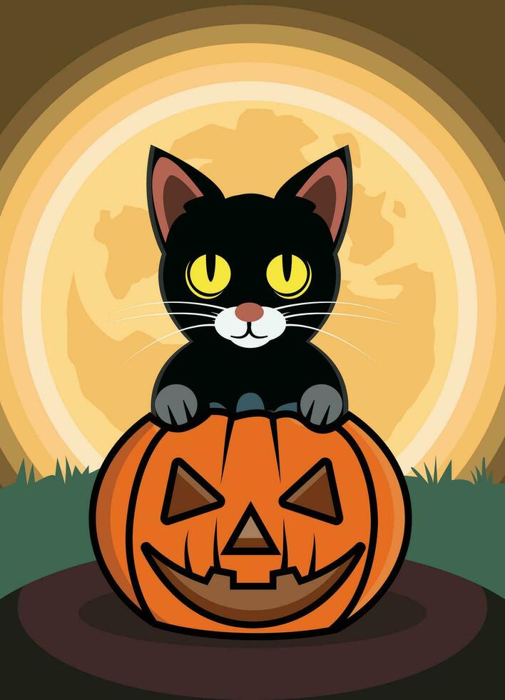 Víspera de Todos los Santos calabaza con gato vector