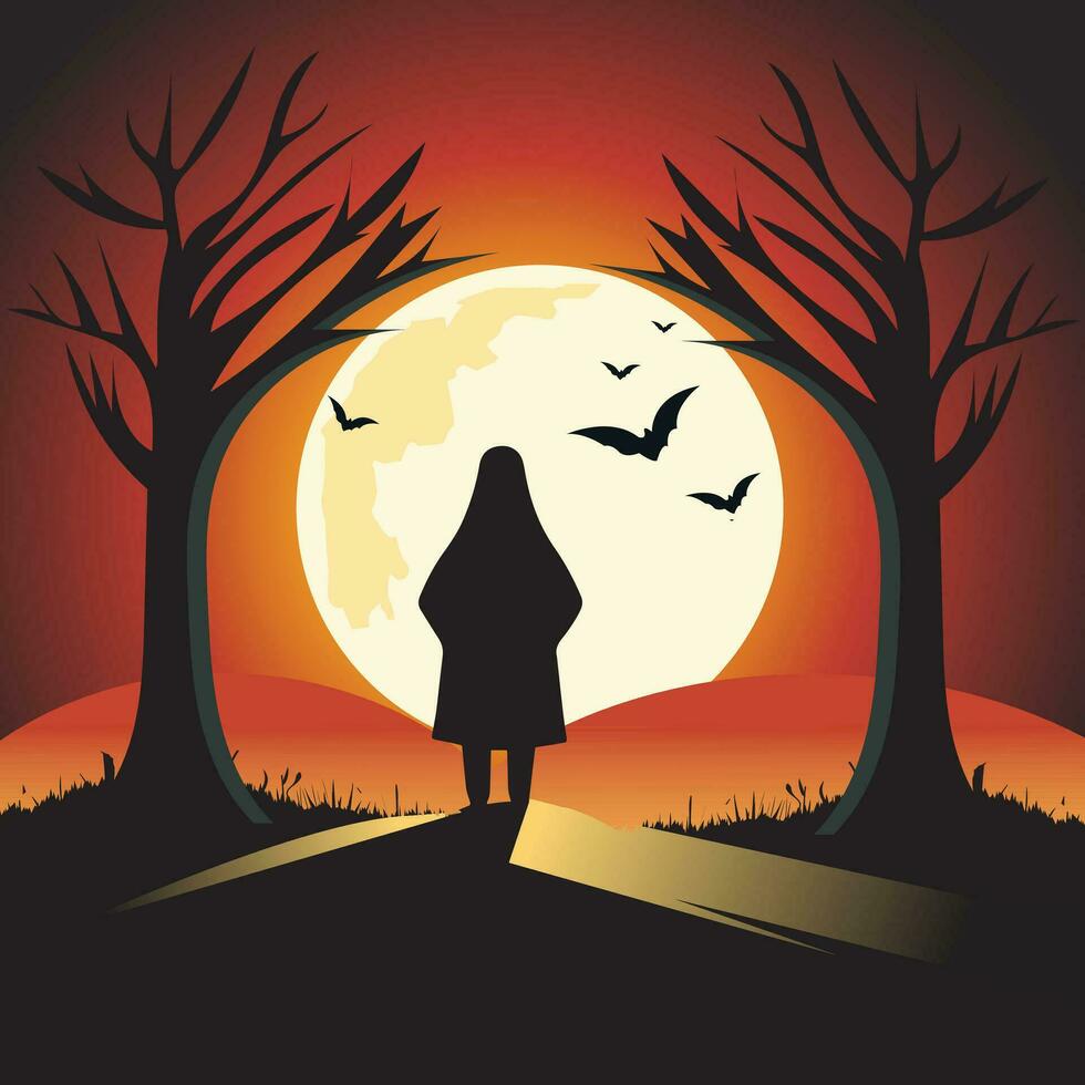 Víspera de Todos los Santos vector silueta de un persona en el bosque y Luna abucheo fantasma