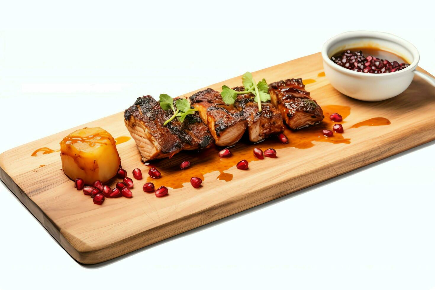 Pork belly braaivleis with mango and chili sauce served on a wooden plank. Restaurant food concept by AI Generated photo