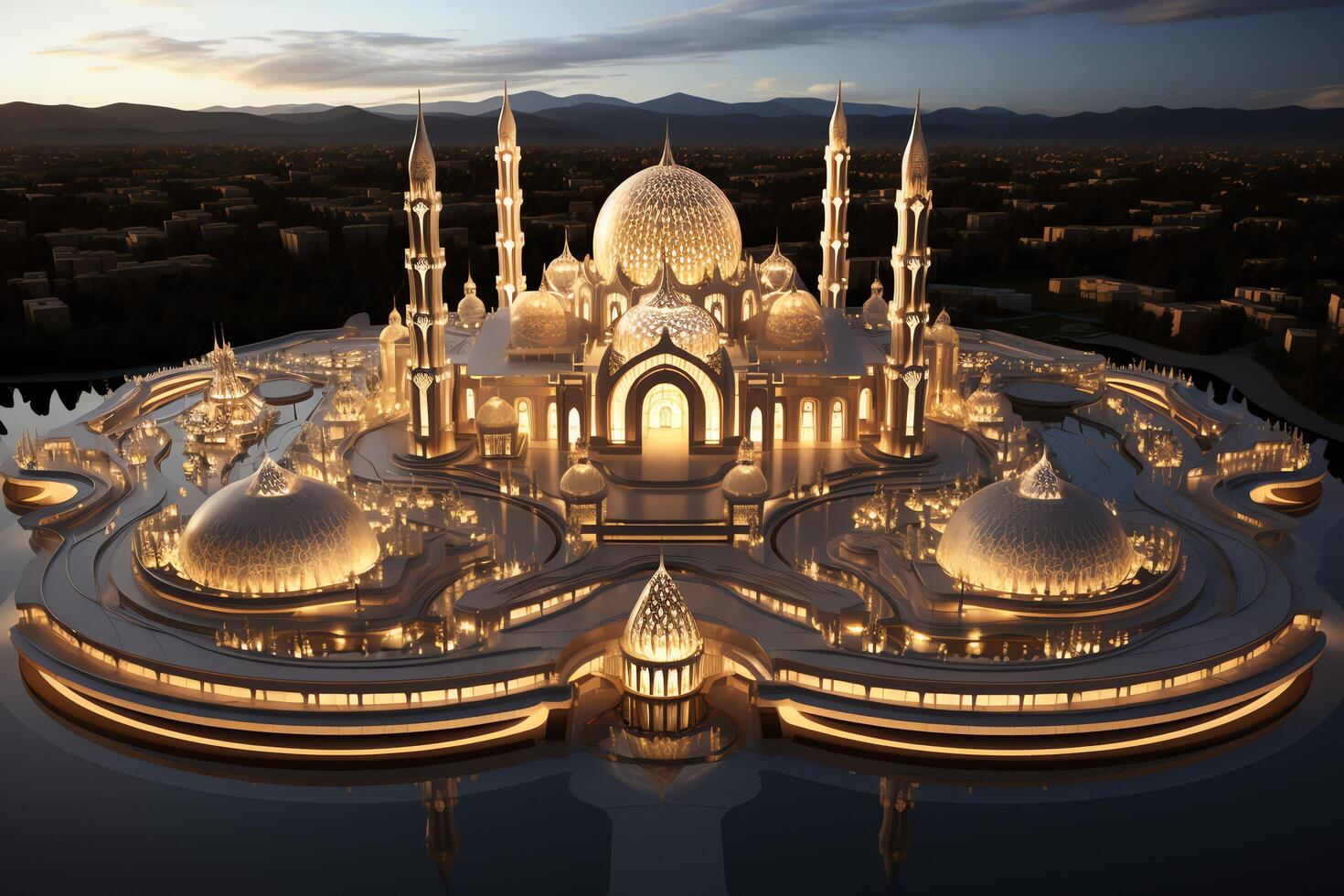 Awesome buildings of mosque in ramadan vibes. Ramadan kareem eid mubarak islamic mosque concept by AI Generated photo