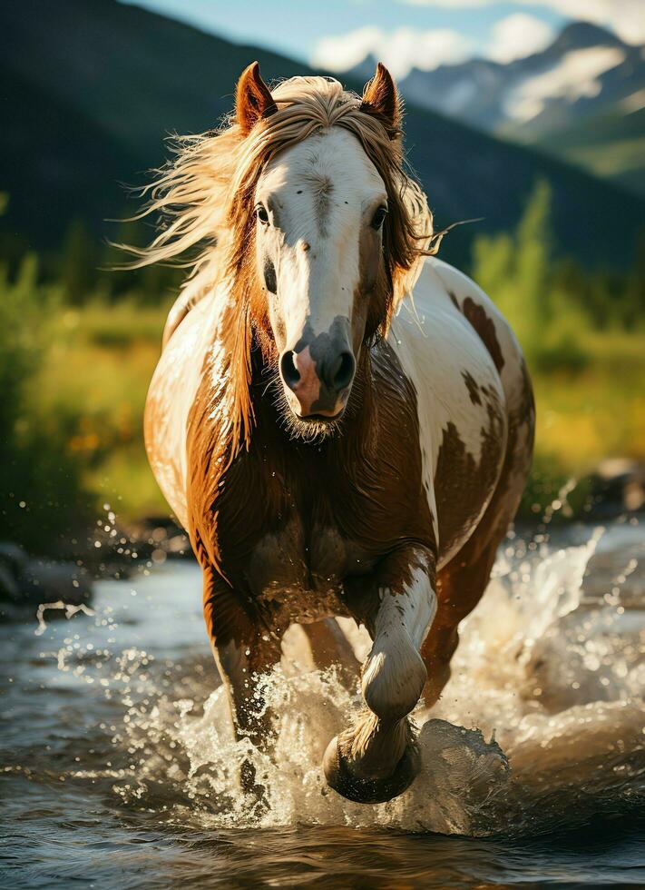 A wild horse running in the creek. Wild or farm animals concept by AI Generated photo