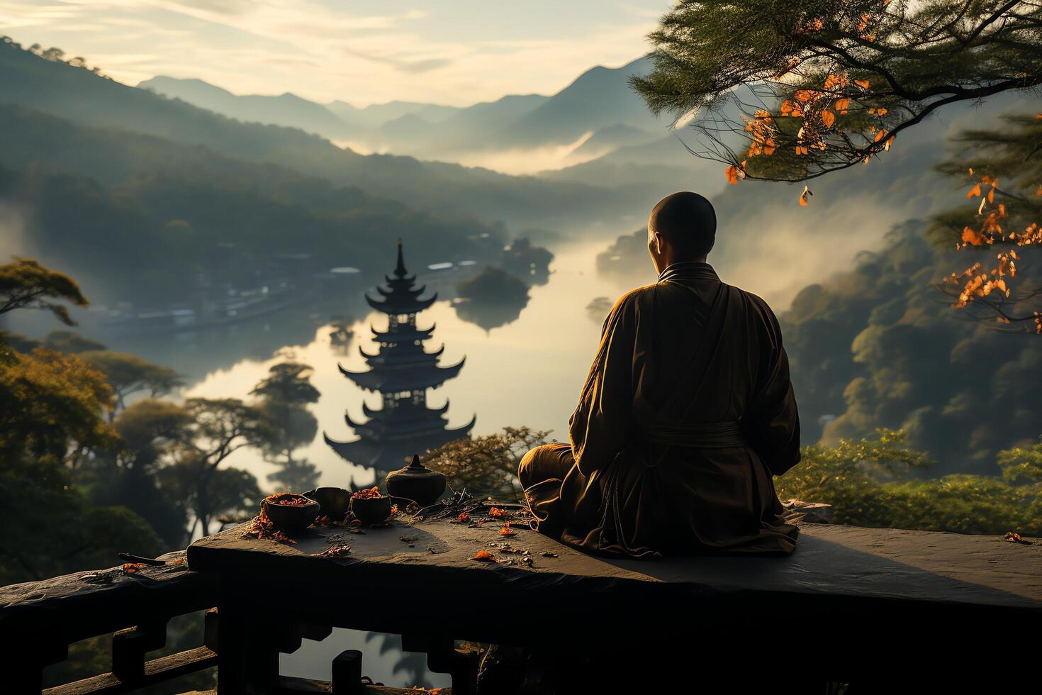 un Buda se sienta en el montaña con un loto y velas antecedentes para vesak celebracion. vesak día concepto. vesak celebracion día saludos concepto por ai generado foto