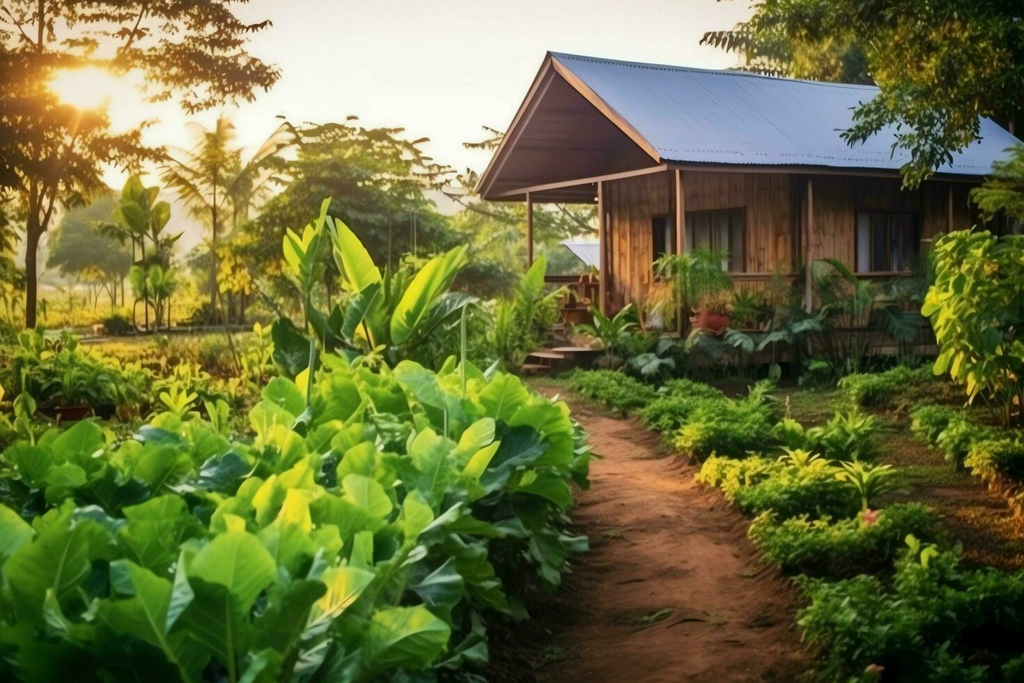 Wooden house in village with plants and flowers in backyard garden. Garden and flower on rural house concept by AI Generated photo