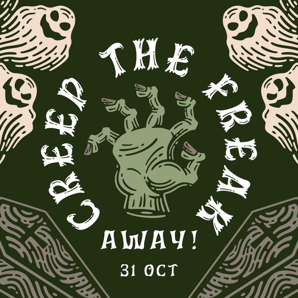 Halloween social media invitation in style doodle vintage, Social media feed with zombie hand, spooky, and coffin illustration. vector
