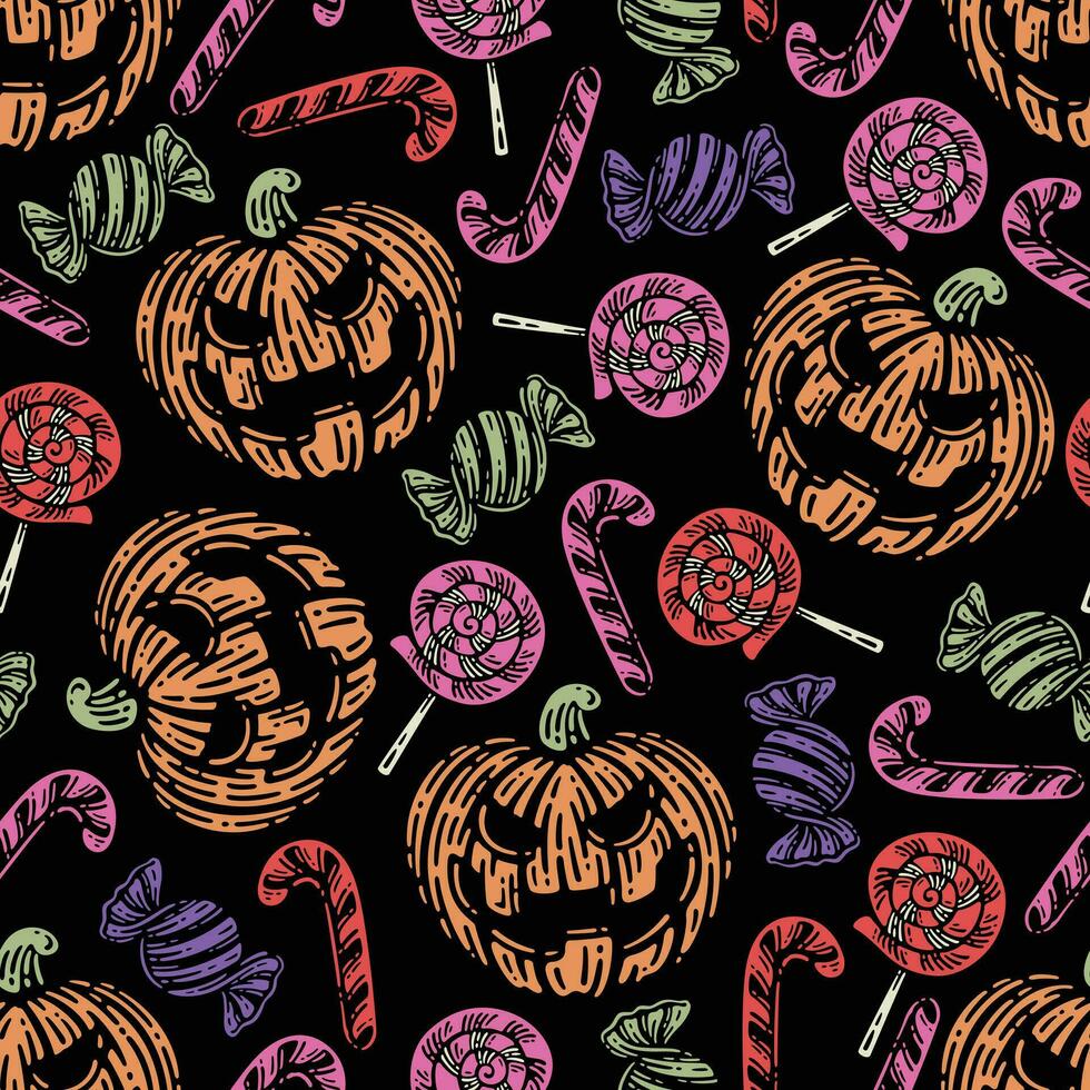 seamless pattern of Halloween with candy elements in dark background. vector