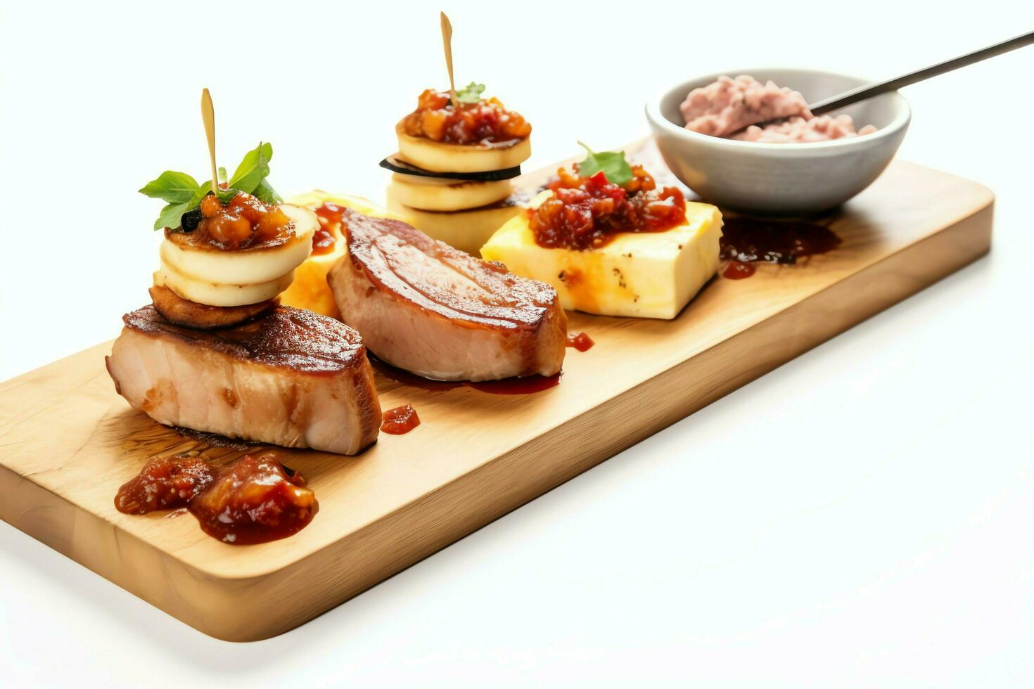 Pork belly braaivleis with mango and chili sauce served on a wooden plank. Restaurant food concept by AI Generated photo