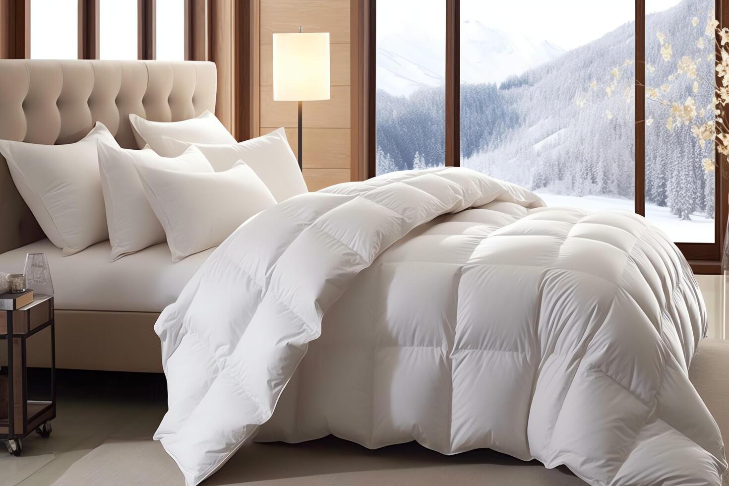 Beautiful luxury comfortable white pillow and blanket on bed decoration. Luxury white down comforter concept by photo
