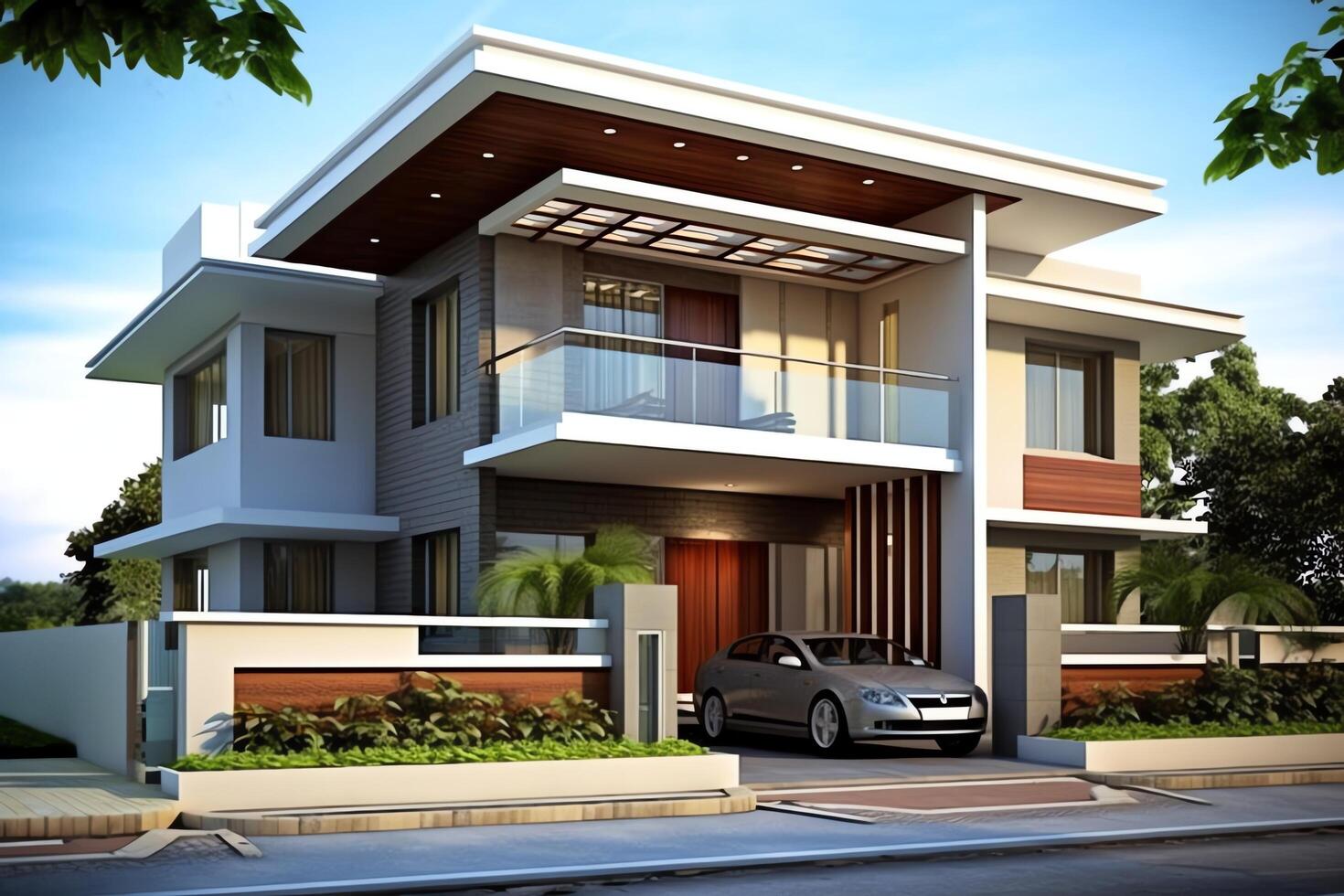 Beautiful modern house exterior with carport. Modern residential district and minimalist building concept by photo