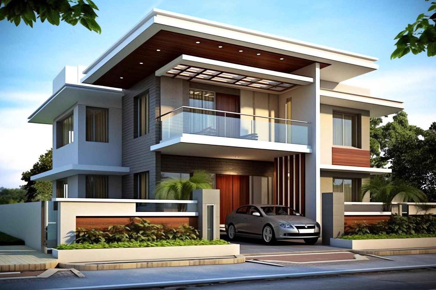 Beautiful modern house exterior with carport. Modern residential district and minimalist building concept by AI Generated photo