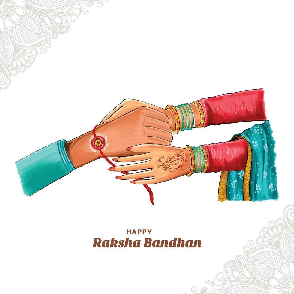 Hand draw happy raksha bandhan sister tying rakhi to brother card background vector