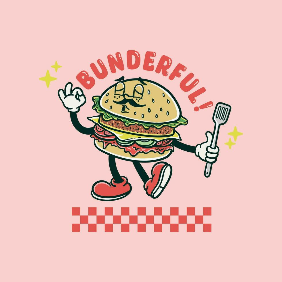 cartoon burger character illustration with spatula vector