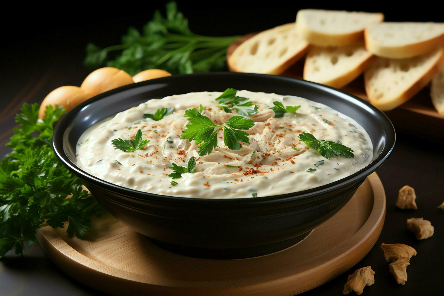 A delicious chicken soup food with vegetables in a bowl. Winter food and high protein soup meal concept by AI Generated photo