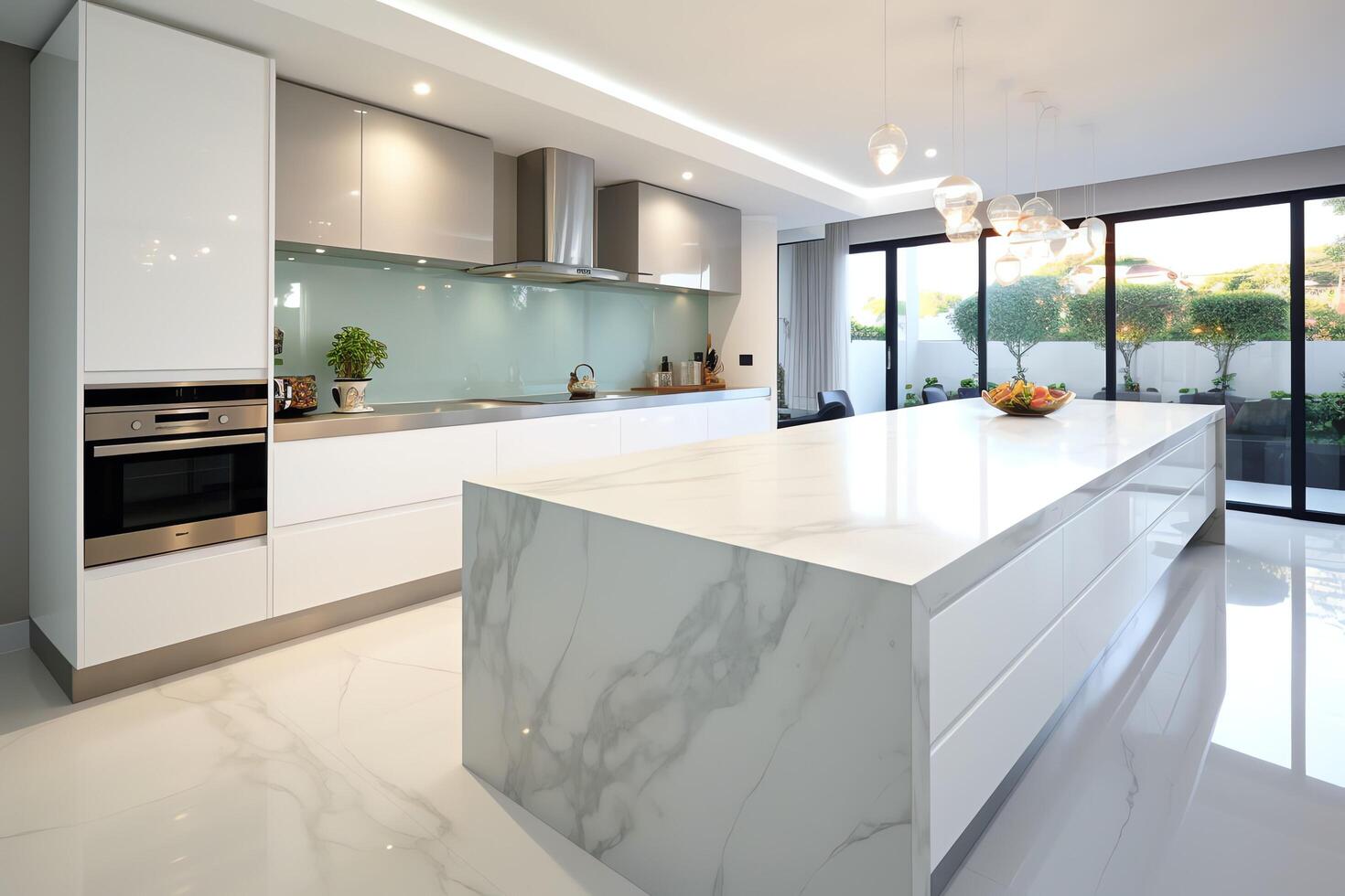 Modern kitchen interior design in apartment or house with furniture. Luxury kitchen home scandinavian concept by photo