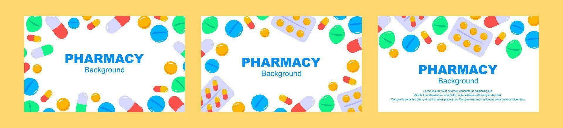 Set of pharmacy backgrounds. Pills and drugs design. Medicine flat vector illustration