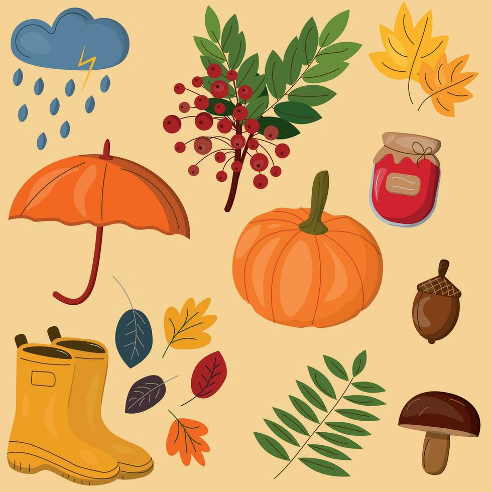 Autumn set of cute and cozy design elements, rubber boots, leaves, autumn mood, rowan, pumpkin, raspberry jam. Color flat vector illustration