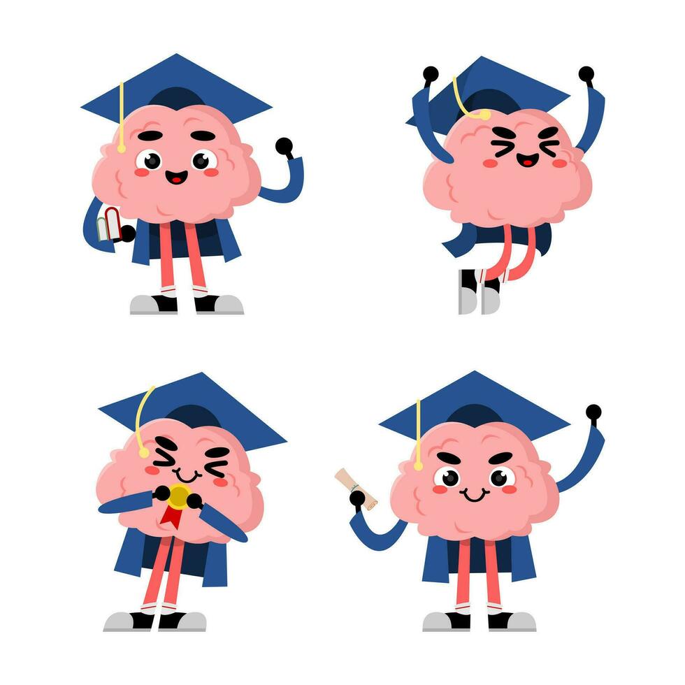 mascot set of cute brain illustration. graduate cute brain illustration. student funny mascot vector. vector