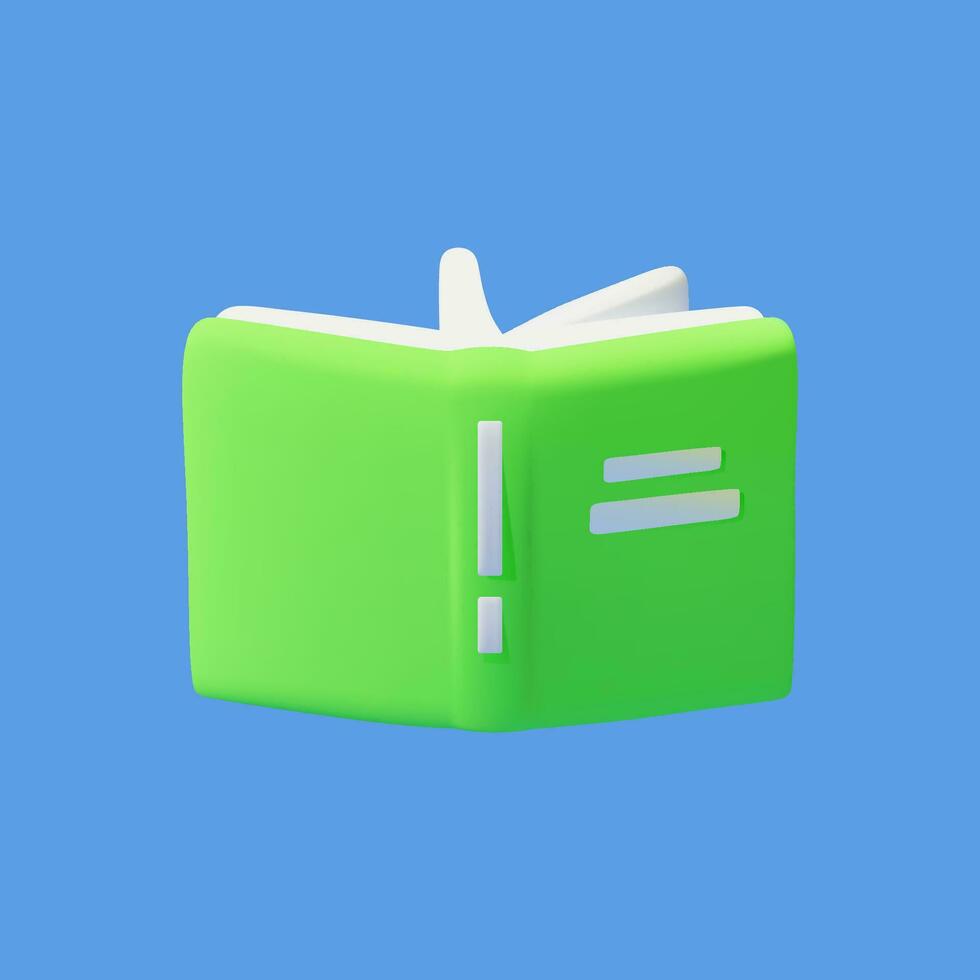 3d vector open green book icon isolated on blue background.